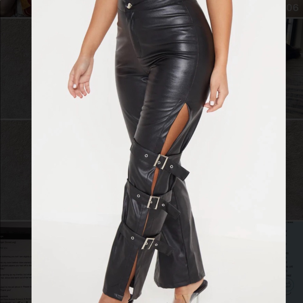 Black Faux Leather Buckle Strap Detail Pants